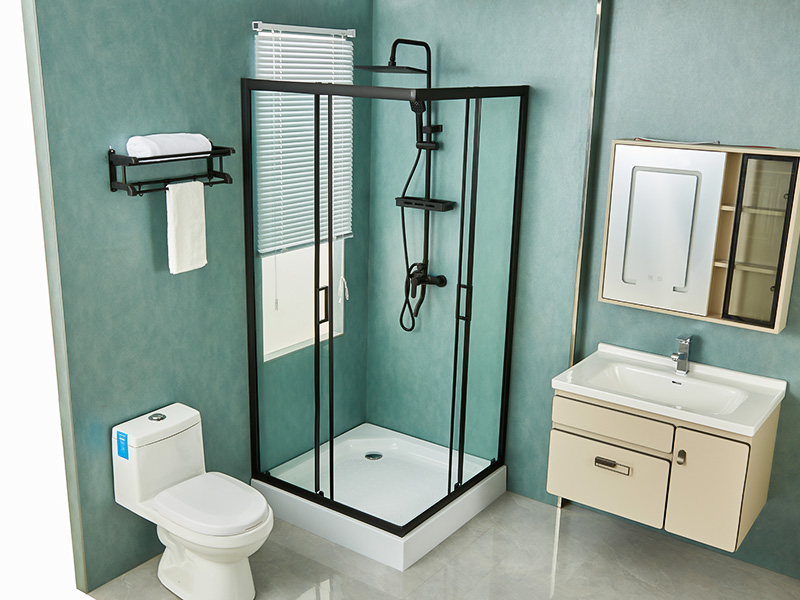 ตู้อาบน้ำบานเลื่อน SQ, กระจกนิรภัยใส, โปรไฟล์อลูมิเนียมสีดำ, ที่จับสองรู, พร้อมถาด ตู้อาบน้ำบานเลื่อน SQ, กระจกนิรภัยใส, โปรไฟล์อลูมิเนียมสีดำ, ที่จับสองรู, พร้อมถาด