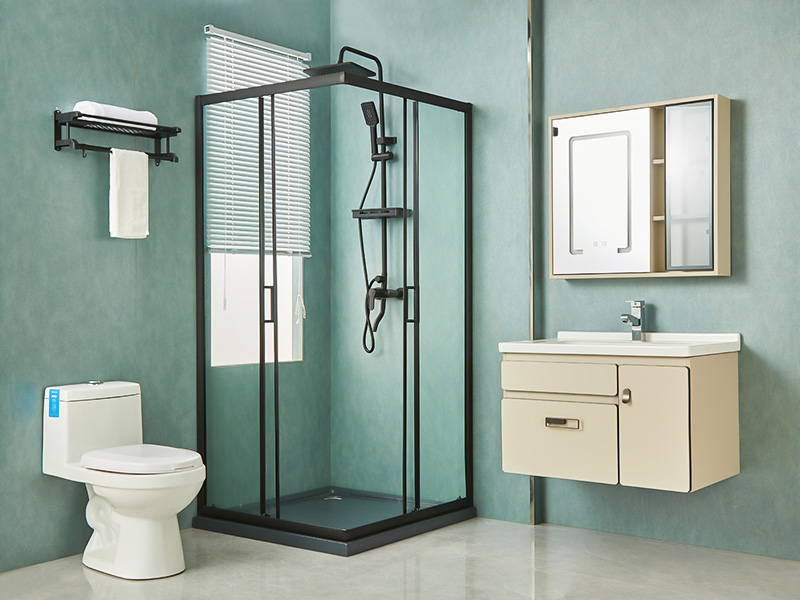 ตู้อาบน้ำบานเลื่อน SQ, กระจกนิรภัยใส, โปรไฟล์อลูมิเนียมสีดำ, ที่จับสองรู, พร้อมถาด ตู้อาบน้ำบานเลื่อน SQ, กระจกนิรภัยใส, โปรไฟล์อลูมิเนียมสีดำ, ที่จับสองรู, พร้อมถาด