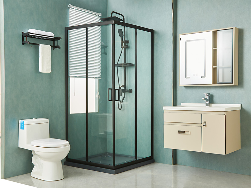 ตู้อาบน้ำบานเลื่อน SQ, กระจกนิรภัยใส, โปรไฟล์อลูมิเนียมสีดำ, ที่จับสองรู, พร้อมถาด ตู้อาบน้ำบานเลื่อน SQ, กระจกนิรภัยใส, โปรไฟล์อลูมิเนียมสีดำ, ที่จับสองรู, พร้อมถาด